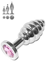 Grooved Rosebud Stainless Steel Buttplug Pink Crystal - Small
